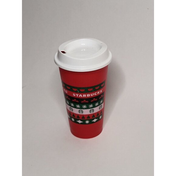 Starbucks Christmas Reusable Tall Cup With Lid Red Green White Mug Plastic - Picture 8 of 12